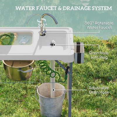 Outsunny Folding Fish Cleaning Table with Sinks, Portable Camping Sink Table with Faucet, Drainage Hose 