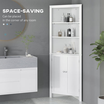 kleankin Triangle Bathroom Cabinet, Corner Bathroom Storage Unit with Cupboard and 3-Tier Shelves, Free Standing, White 