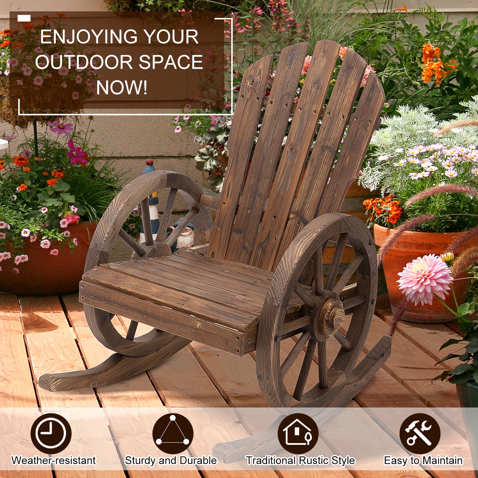 Outsunny Wooden Adirondack  Rocking Chair Reclining Armchair Outdoor Garden Furniture Patio Porch Rocker - Carbonized Wood Colour 
