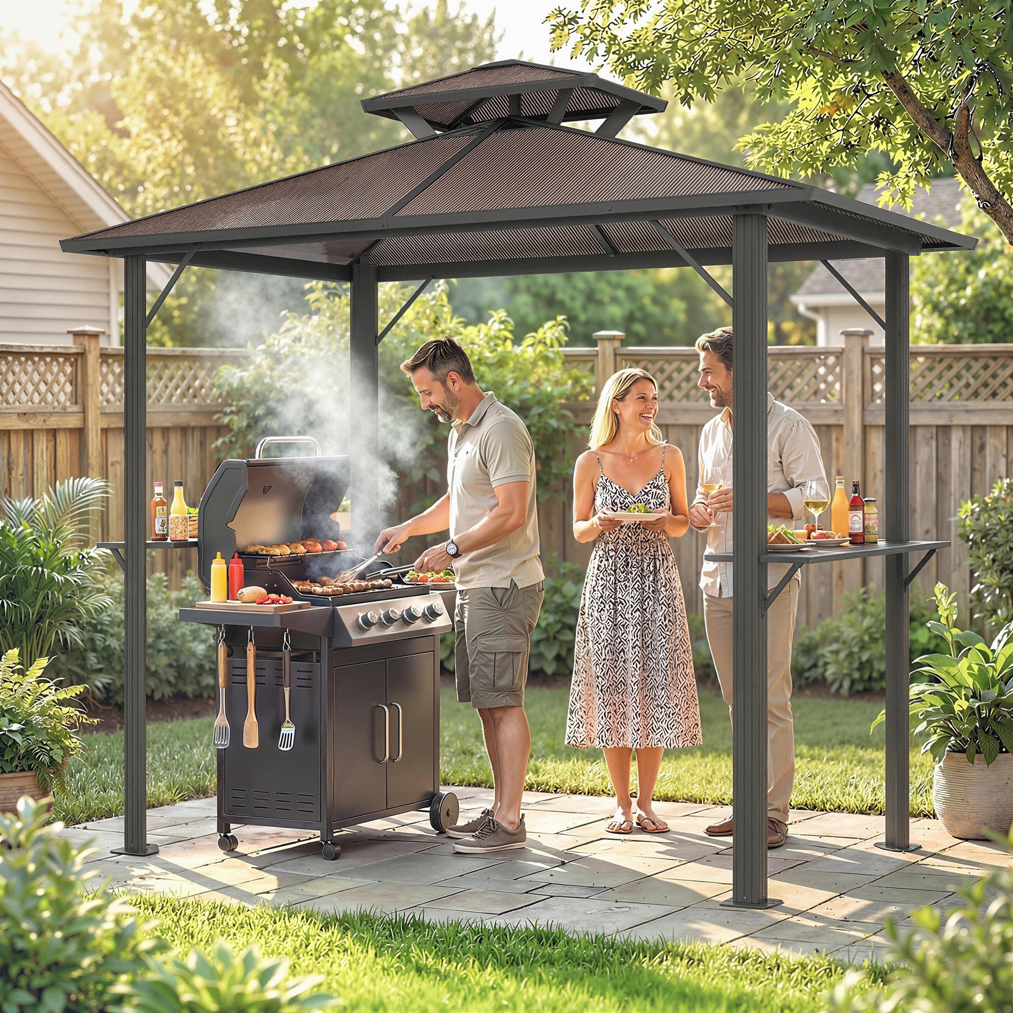Outsunny 2.5 x 1.5 m Hardtop Grill Gazebo with Double Roof, Aluminium Outdoor BBQ Gazebo Shelter with 2 Side Shelves, Brown 