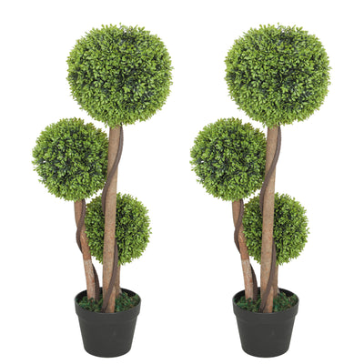 HOMCOM Decorative Artificial Trees Boxwood Ball Topiary Trees Set of 2 in Pot, Fake Plants for Home Indoor Outdoor Decor 