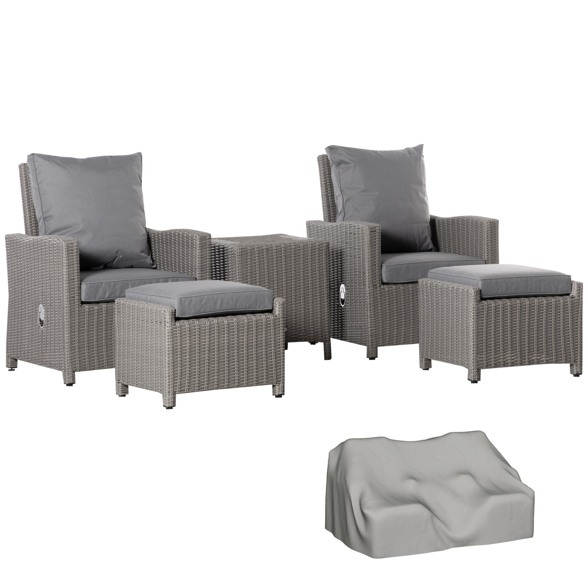 Outsunny 5 Pieces Outdoor PE Rattan Garden Furniture with Cushions, Patio Lounge Adjustable Backrest Chairs, Footstools and Cooler Bar Coffee Table & Cover, Grey 