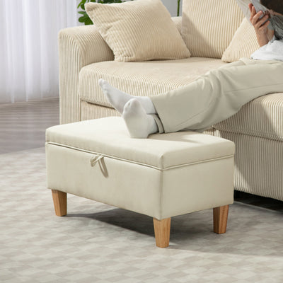 HOMCOM 30L Linen Storage Ottoman Padded Footstool with Rubberwood Legs for Storage Box, Bed End, Shoe Bench, Seating, Beige 
