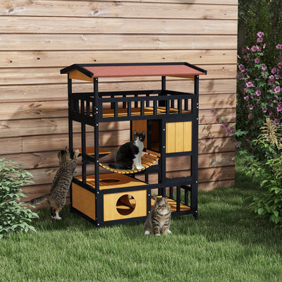 PawHut Outdoor Cat Shelter, Four-Tier Wooden Feral Cat House, with Suspension Bridge, Cat Houses, Balcony, Escape Doors 