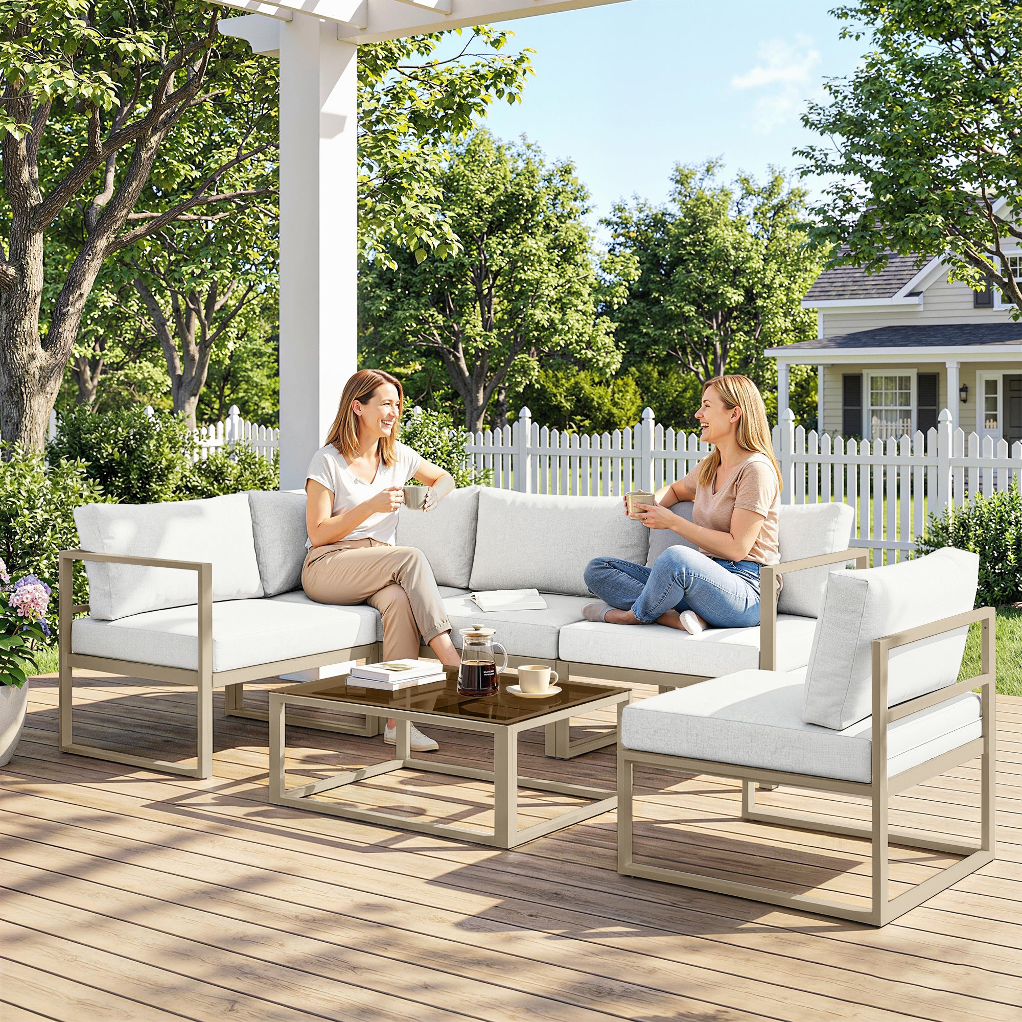 Outsunny 5 Seater Aluminium Garden Furniture Set, Garden Sofa Set with Thick Cushions for Patio and Balcony, Outdoor, White 