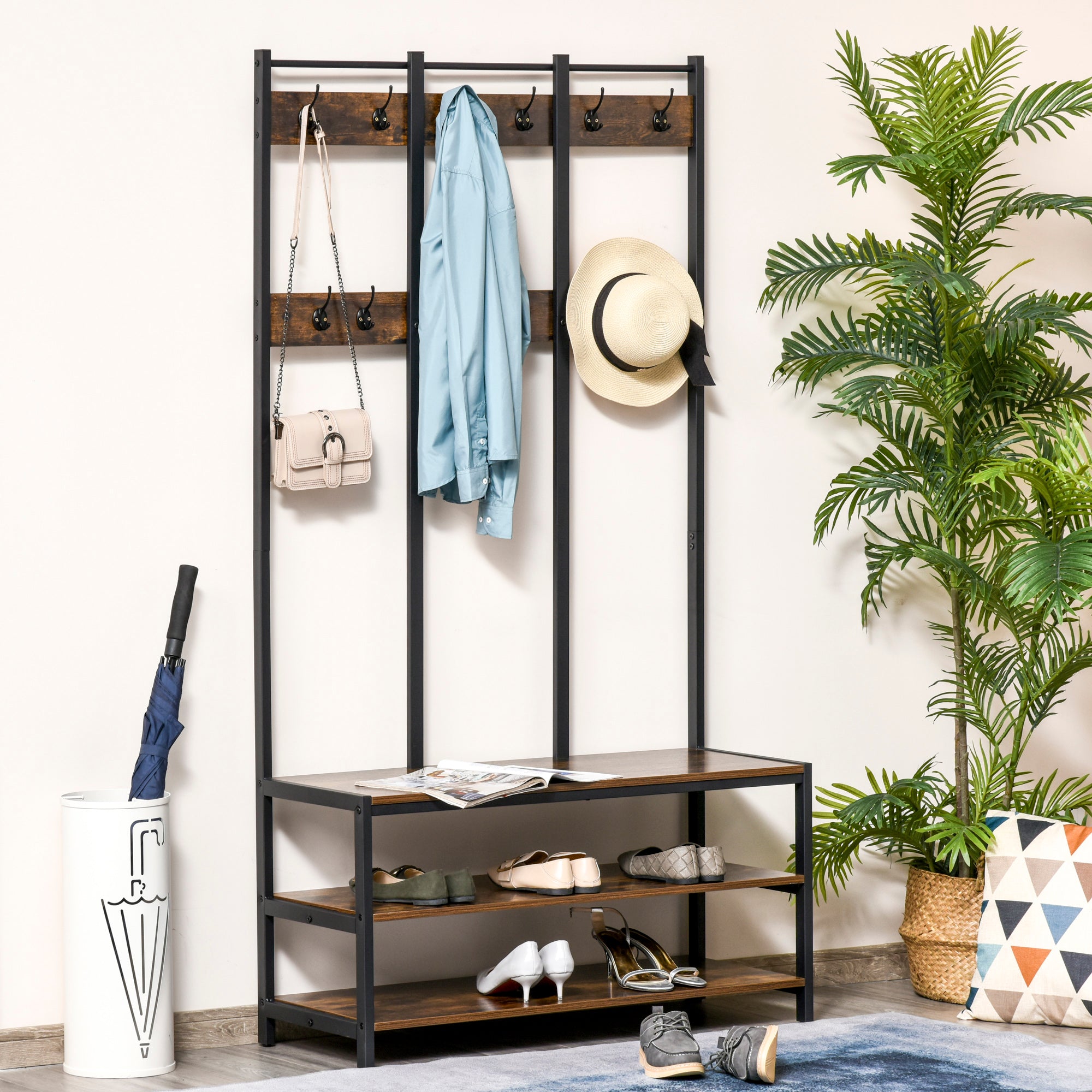 HOMCOM Coat Rack Stand, Free Standing Hall Tree, Coat Stand with Hooks, Bench and Shoe Rack, 100cm x 40cm x 184cm, Industrial Style, Rustic Brown and Black 