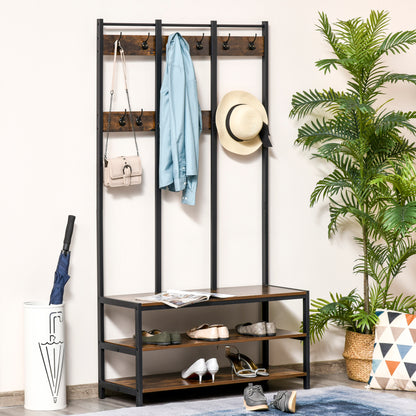 HOMCOM Coat Rack Stand, Free Standing Hall Tree, Coat Stand with Hooks, Bench and Shoe Rack, 100cm x 40cm x 184cm, Industrial Style, Rustic Brown and Black 