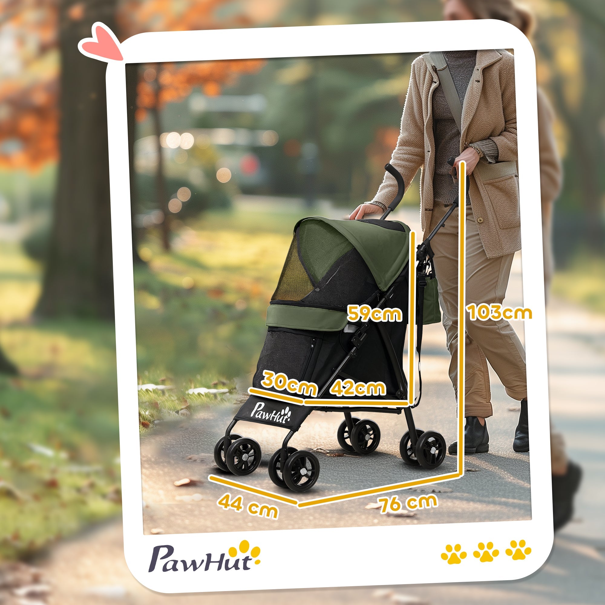 PawHut Umbrella Structure Dog Stroller, Lightweight & Portable Dog Pram w/ Shoulder Strap, Storage Bag & Cup Holder, Dark Green 
