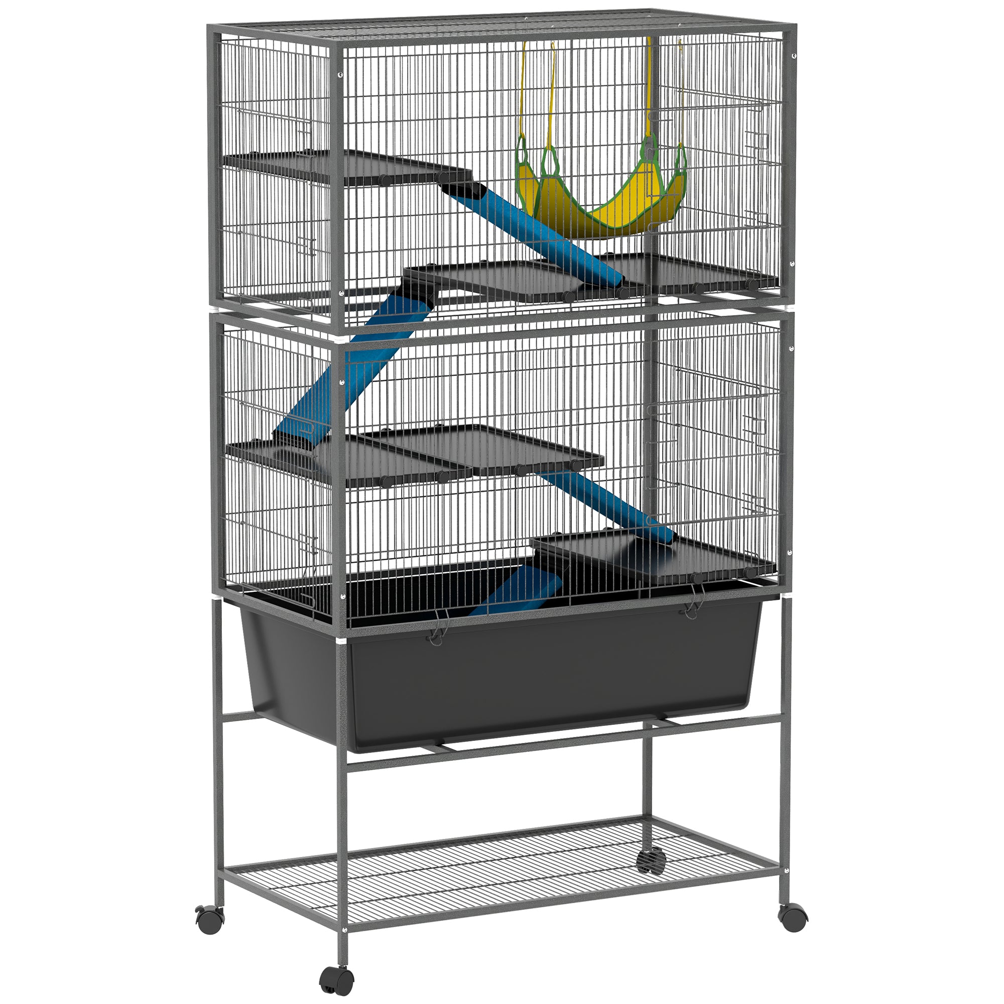 PawHut 5 Levels Rolling Small Animal Cage with Non Slip Ramps, Slide Out 16cm Deep Tray, 88 x 48 x 150.5cm, Dark Grey 