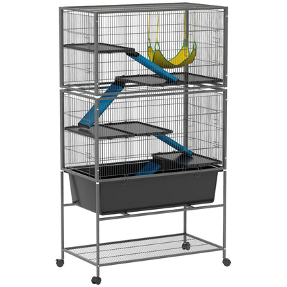 PawHut 5 Levels Rolling Small Animal Cage with Non Slip Ramps, Slide Out 16cm Deep Tray, 88 x 48 x 150.5cm, Dark Grey 