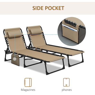 Outsunny Portable Sun Lounger Set of 2, Folding Camping Bed Cot, Reclining Lounge Chair 5-position Adjustable Backrest with Side Pocket, Pillow for Patio Garden Beach Pool, Beige 
