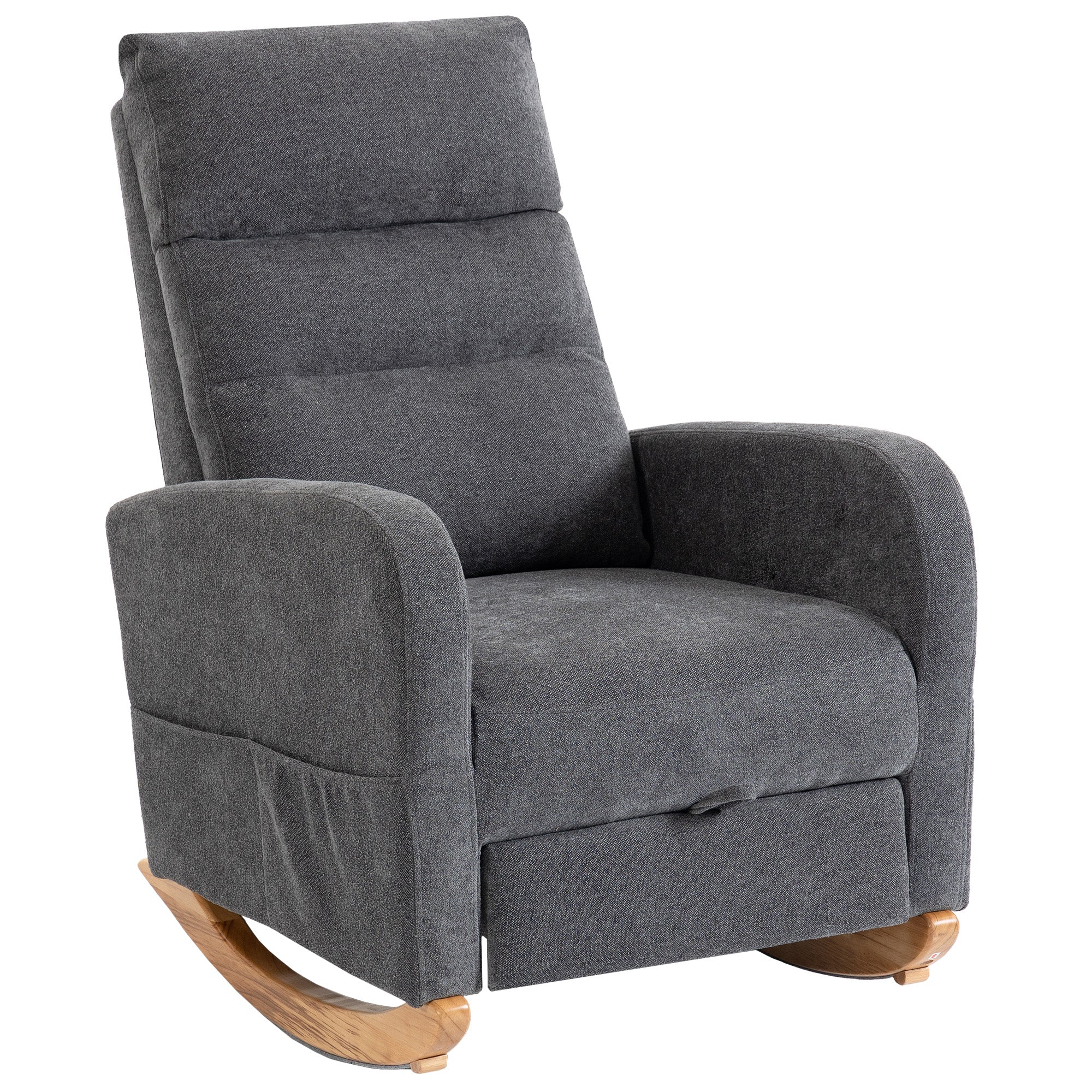 HOMCOM Upholstered Rocking Chair Retractable Footrest Rocker Chair High Back for Living Room Grey 