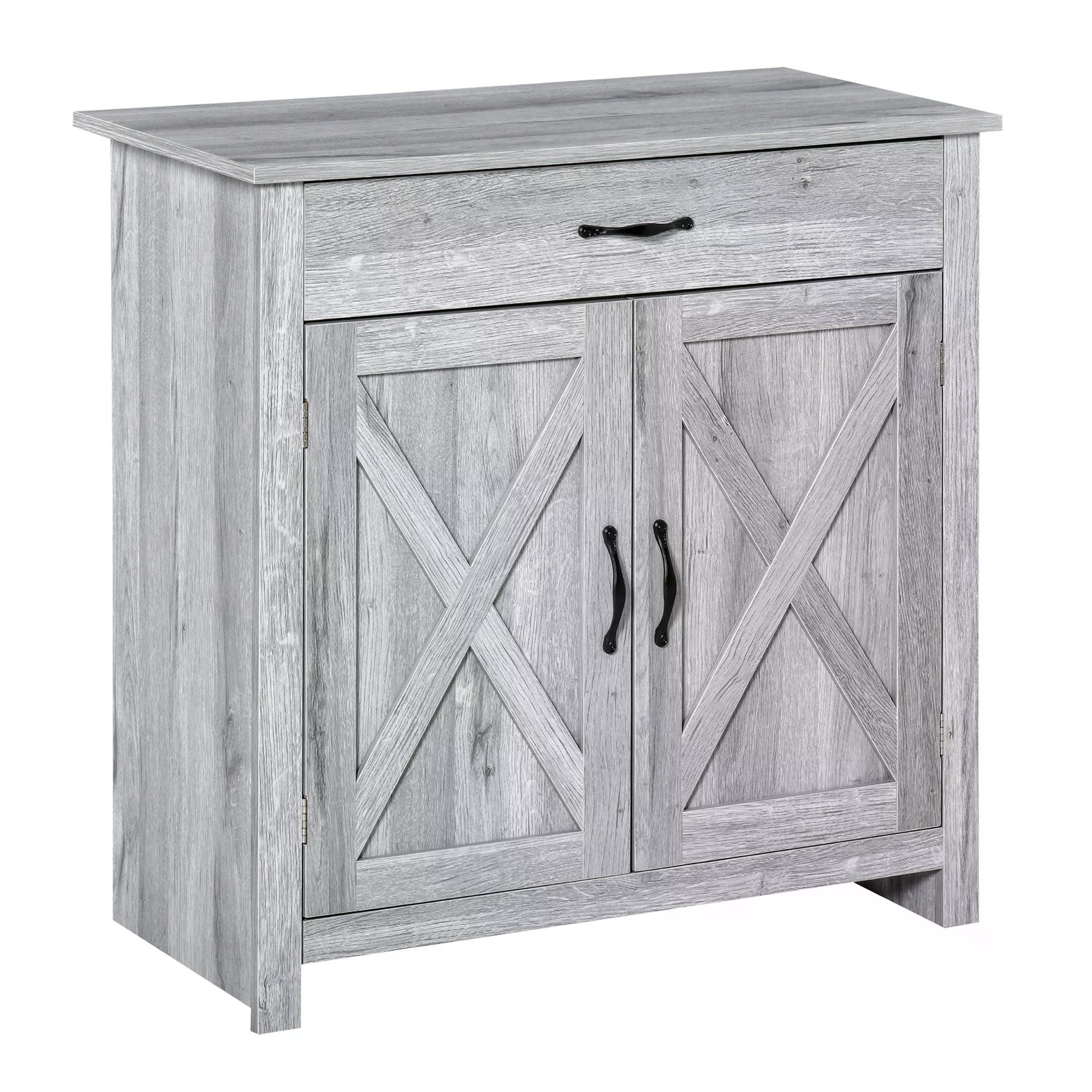 HOMCOM Farmhouse Barn Door Sideboard Storage Cabinet Coffee Bar for LIVING Room – Grey Grain 