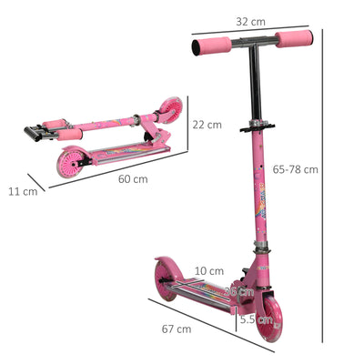 HOMCOM Kids Scooter, with Lights, Music, Adjustable Height, Foldable Frame, for Ages 3-7 Years - Pink 