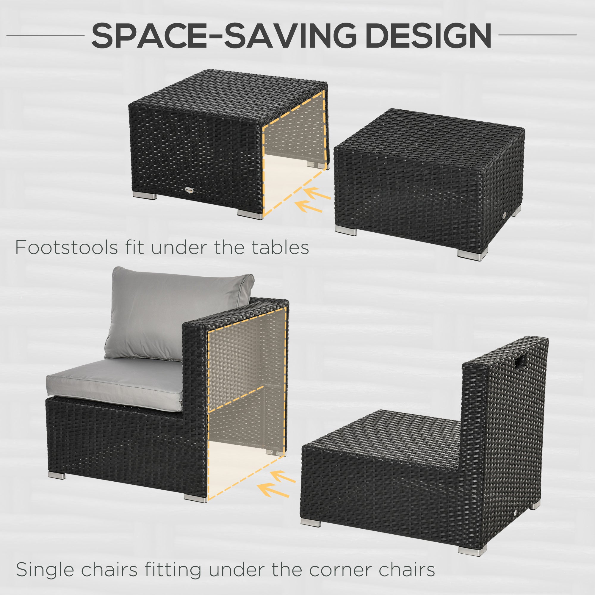 Outsunny 8 Pieces PE Rattan Sofa Set with Cushions, Garden Corner Sofa with 4 Seater Sofa, 2 Footstools and 2 Coffee Table Set, Space-saving Design, No Assembly Required, Black 