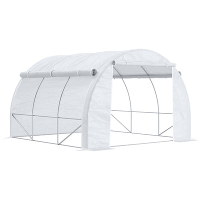 Outsunny 3 x 3 x 2 m Polytunnel Greenhouse with Roll-up Side Walls, Walk-in Grow House Tent with Steel Frame, Reinforced Cover, Zipped Door and 6 Mesh Windows for Garden, White 
