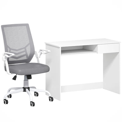 Vinsetto Home Office Chair and Computer Desk Set, Mesh Chair with with 90° Flip-up Armrest, Study Desk with Keyboard Tray and Drawer, White and Grey 