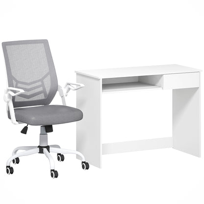 Vinsetto Home Office Chair and Computer Desk Set, Mesh Chair with with 90° Flip-up Armrest, Study Desk with Keyboard Tray and Drawer, White and Grey