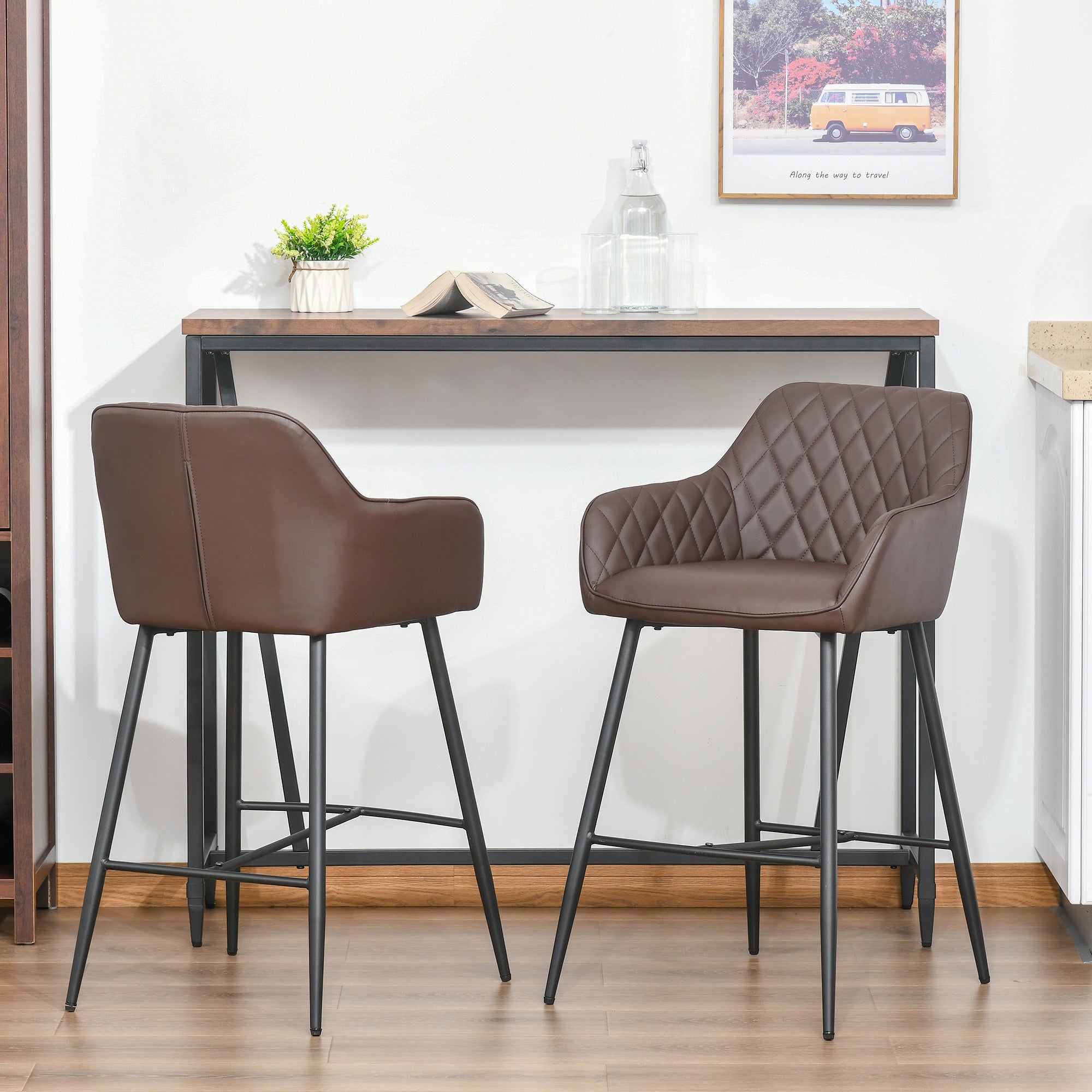 HOMCOM Set of 2 Bar stools Retro PU Leather Bar Chairs w/ Footrest Metal Frame Comfort Support Stylish Dining Seating Home Brown 