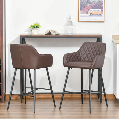 HOMCOM Set of 2 Bar stools Retro PU Leather Bar Chairs w/ Footrest Metal Frame Comfort Support Stylish Dining Seating Home Brown 