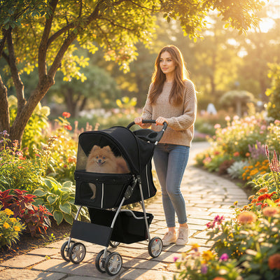 PawHut Dog Pram, Pet Stroller with Reflective Strips, Foldable Cat Stroller with 360° Swivel Wheels, Black 
