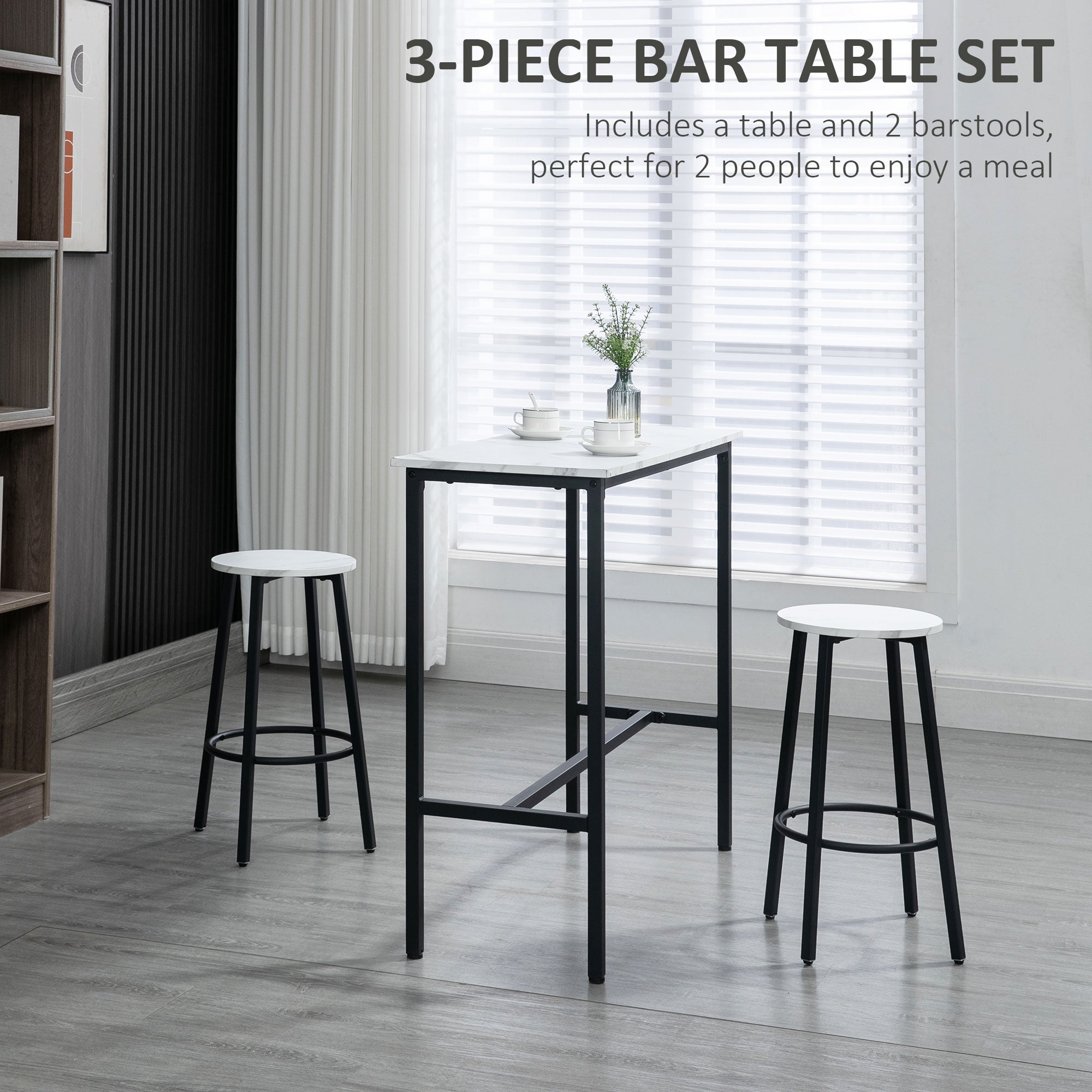 HOMCOM Three-Piece Marble-Effect Bar Table Set - White/Black 