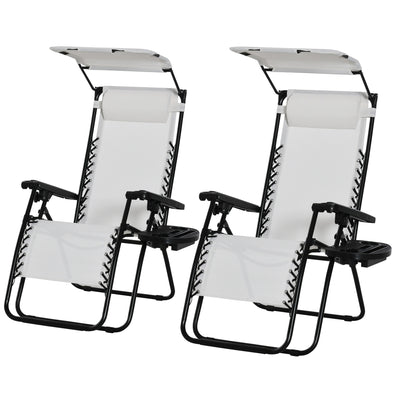 Outsunny 2 Piece Foldable Reclining Garden Chair with Headrest, Zero Gravity Deck Sun Lounger Seat Chair with Footrest, Armrest, Cup Holder & Canopy Shade, White 