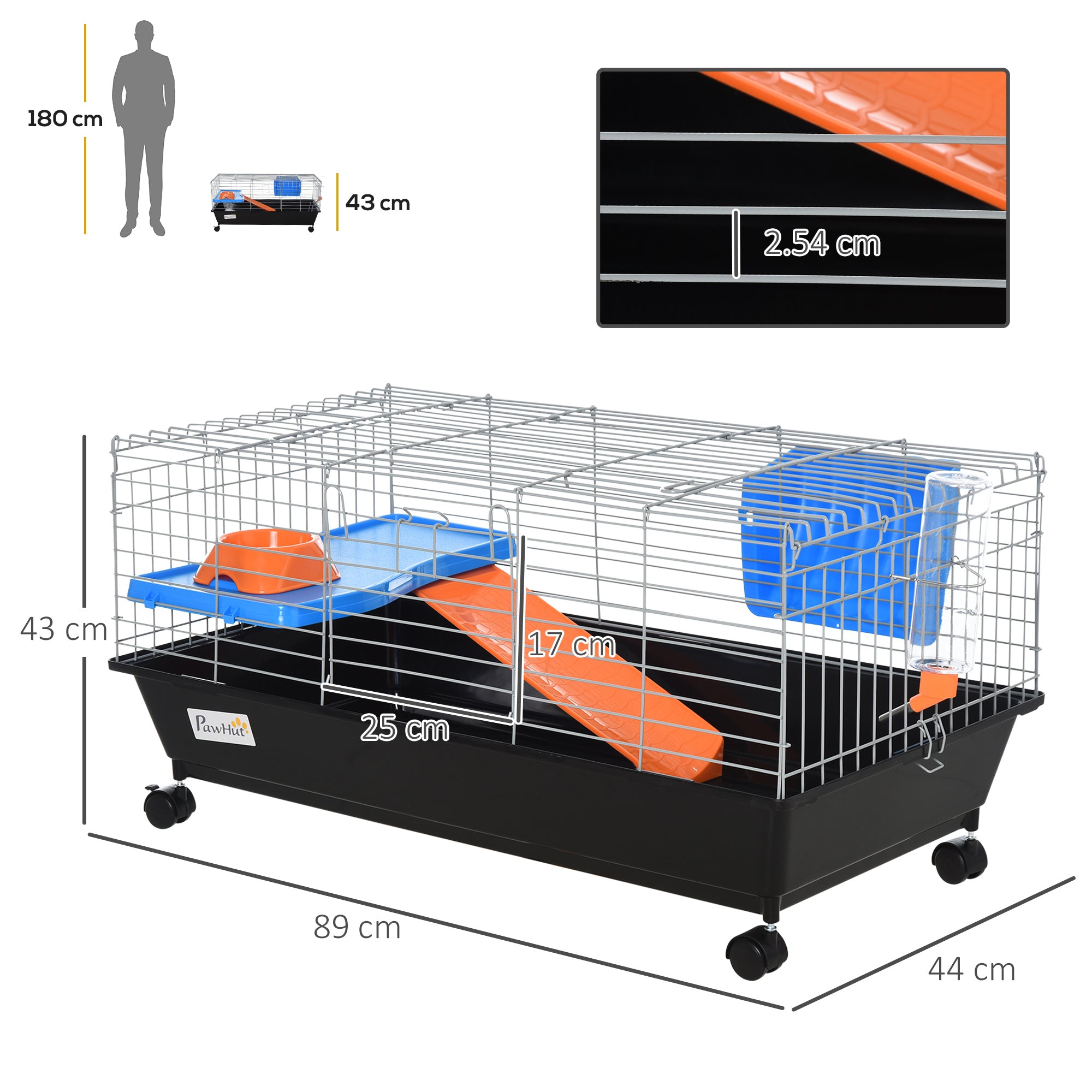 PawHut Small Animal Cage Rabbit Guinea Pigs Chinchillas Cage w/ Wheels Water Bottle Food Dish Platform Ramp 89 x 44 x 43 cm Black 