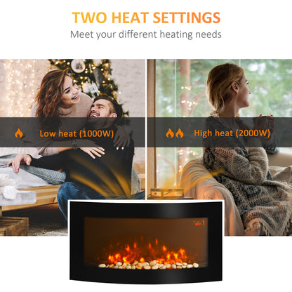 HOMCOM Led Wall Mounted Fireplace Curved Glass Electric Fire Place Fire Place 7 Colour Side Lights Slimline, 1000/2000W, 89.2cm x 48cm 