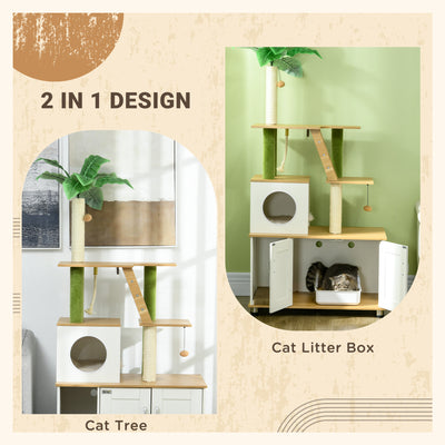 PawHut 2-in-1 Hidden Cat Litter Box, Green Leaf Cat Tree, with House, Ladder, Scratching Posts, Platforms, Indoors -Oak 