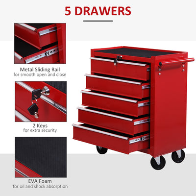 HOMCOM 5 Drawer Tool Chest on Wheels, Lockable Steel Tool Trolley with Side Handle for Workshop, Garage, Red 