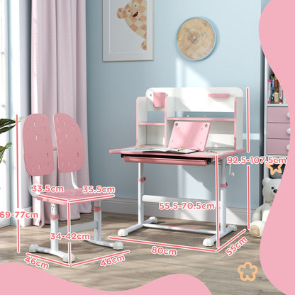 AIYAPLAY Height Adjustable Kids Desk and Chair Set, Children School Study Desk with Tiltable Desktop, Reading Rack,  Pink 