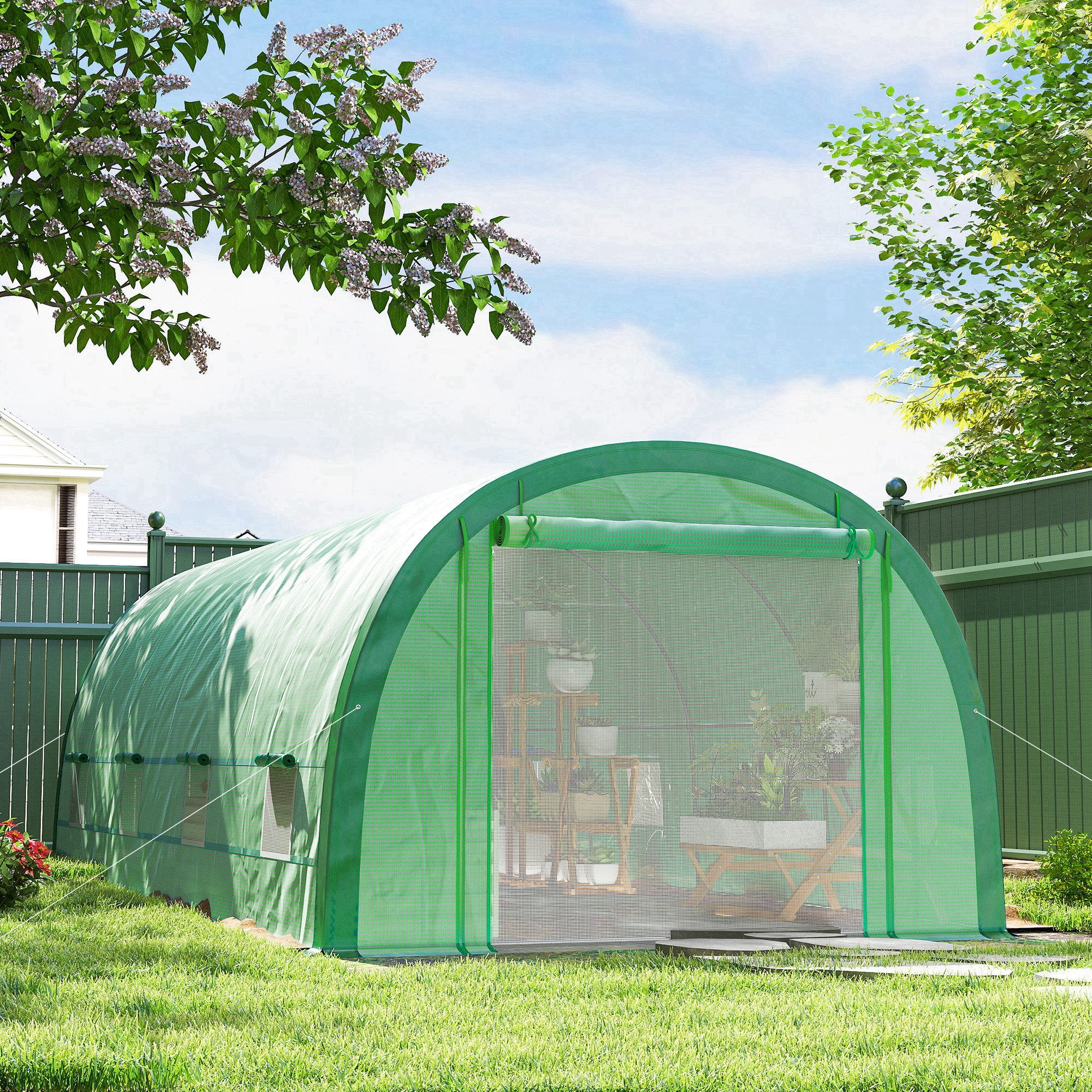 Outsunny 6 x 3(m) Polytunnel Greenhouse with Upgraded Structure, Mesh Door and Windows, 15 Plant Labels, Green 