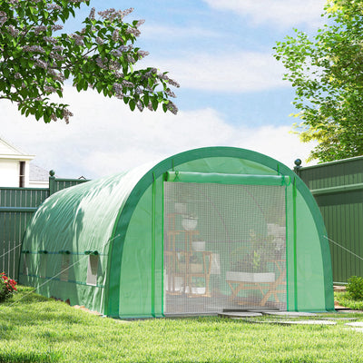 Outsunny 6 x 3(m) Polytunnel Greenhouse with Upgraded Structure, Mesh Door and Windows, 15 Plant Labels, Green 