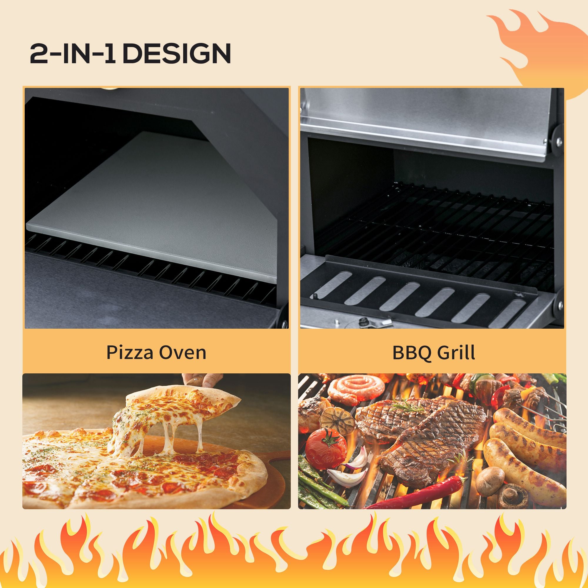 Outsunny Outdoor Garden Pizza Oven Charcoal BBQ Grill 3-Tier Freestanding w/ Chimney, Mesh Shelf, Thermometer Handles, Wheels Garden Party Gathering Stainless Steel Cooker 