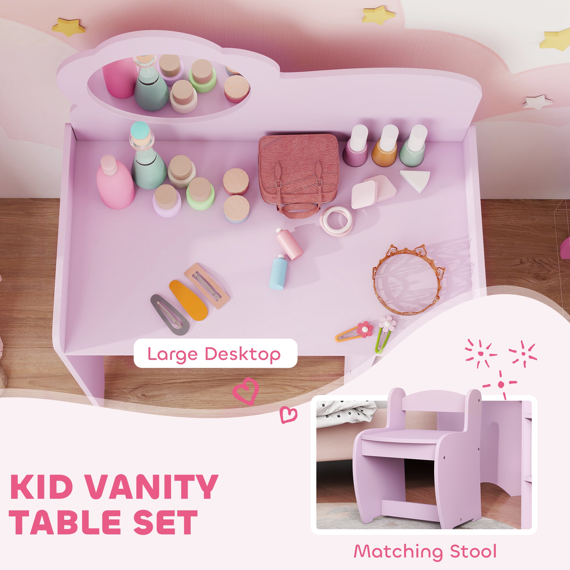 AIYAPLAY Kids Dressing Table with Mirror, Stool, Kids Vanity Table with Shelves, for Ages 3-8 Years, Purple 