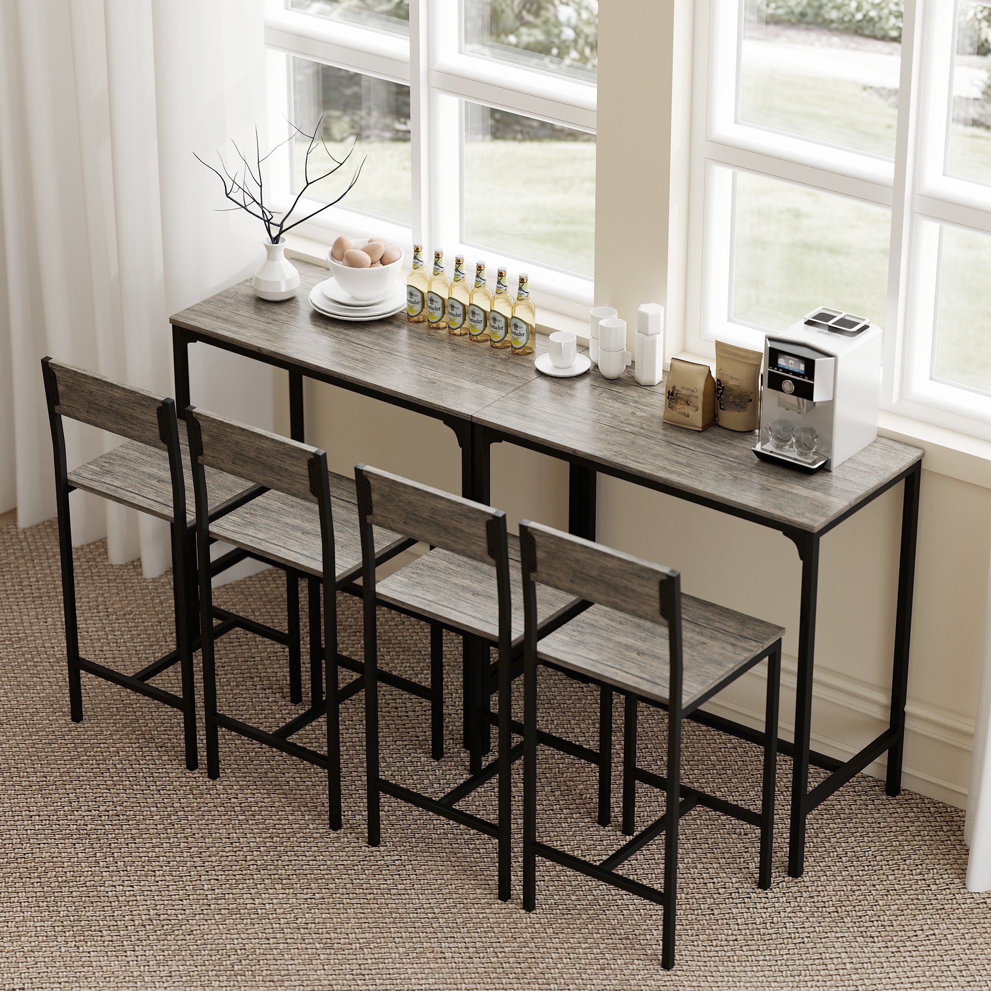 HOMCOM 3-Piece Bar Table Set with 2 Stools, Industrial Breakfast Bar Set with Footrest, Backrest for Dining Room, Small Space 