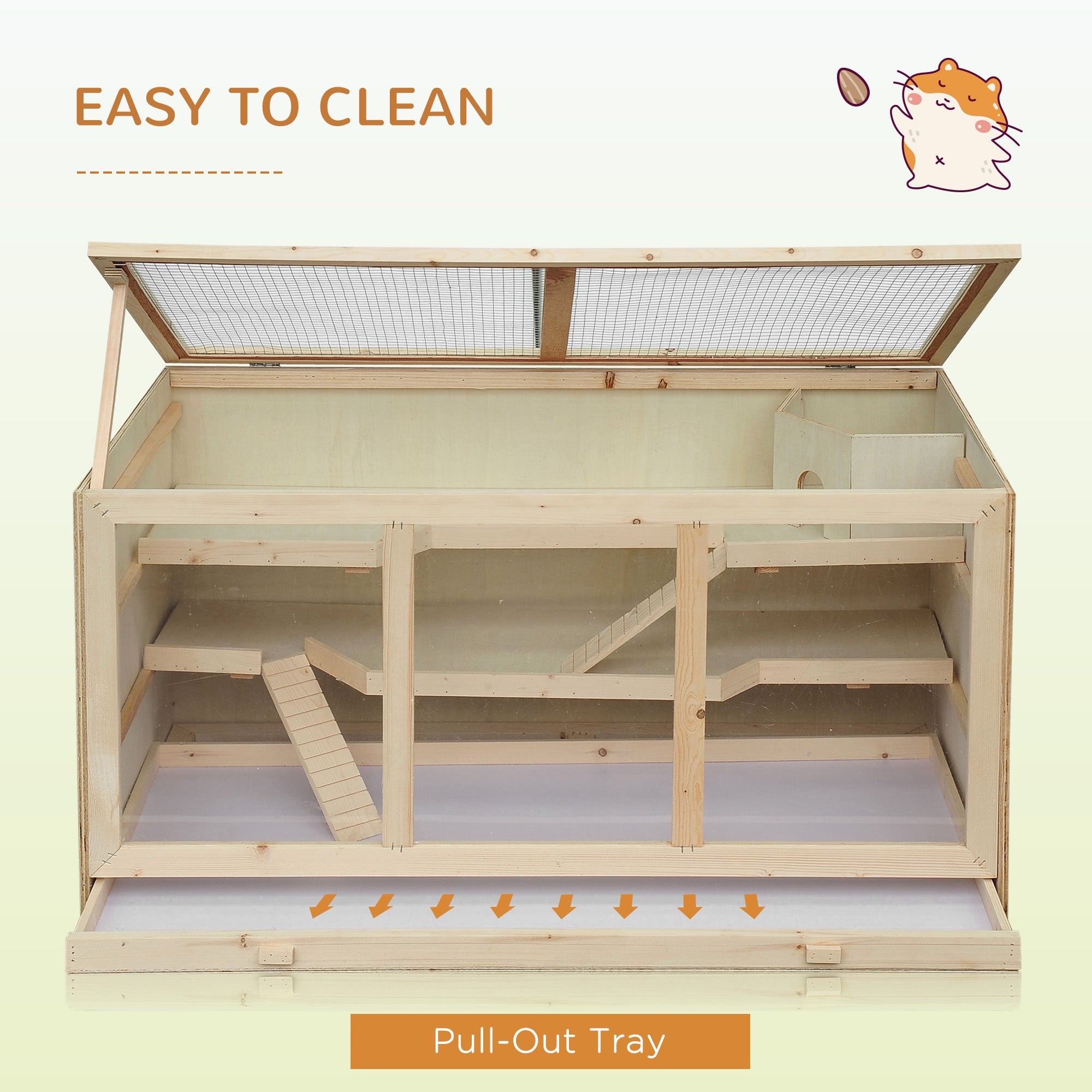 PawHut Wooden Hamster Cage, Small Animals Hutch with Tray, Openable Top, Exercise Play House Pen, 115L x 57W x 55Hcm, Natural 