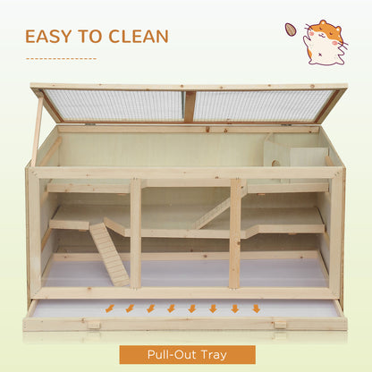 PawHut Wooden Hamster Cage, Small Animals Hutch with Tray, Openable Top, Exercise Play House Pen, 115L x 57W x 55Hcm, Natural 
