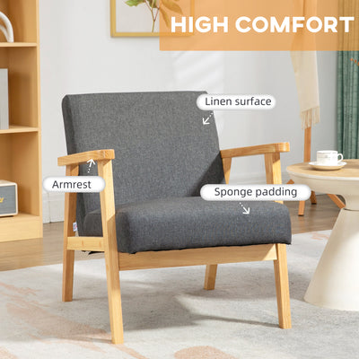 HOMCOM Fabric Accent Chair for Living Room, Arm Chair with Rubber Wood Frame and Padded Cushion, Dark Grey 