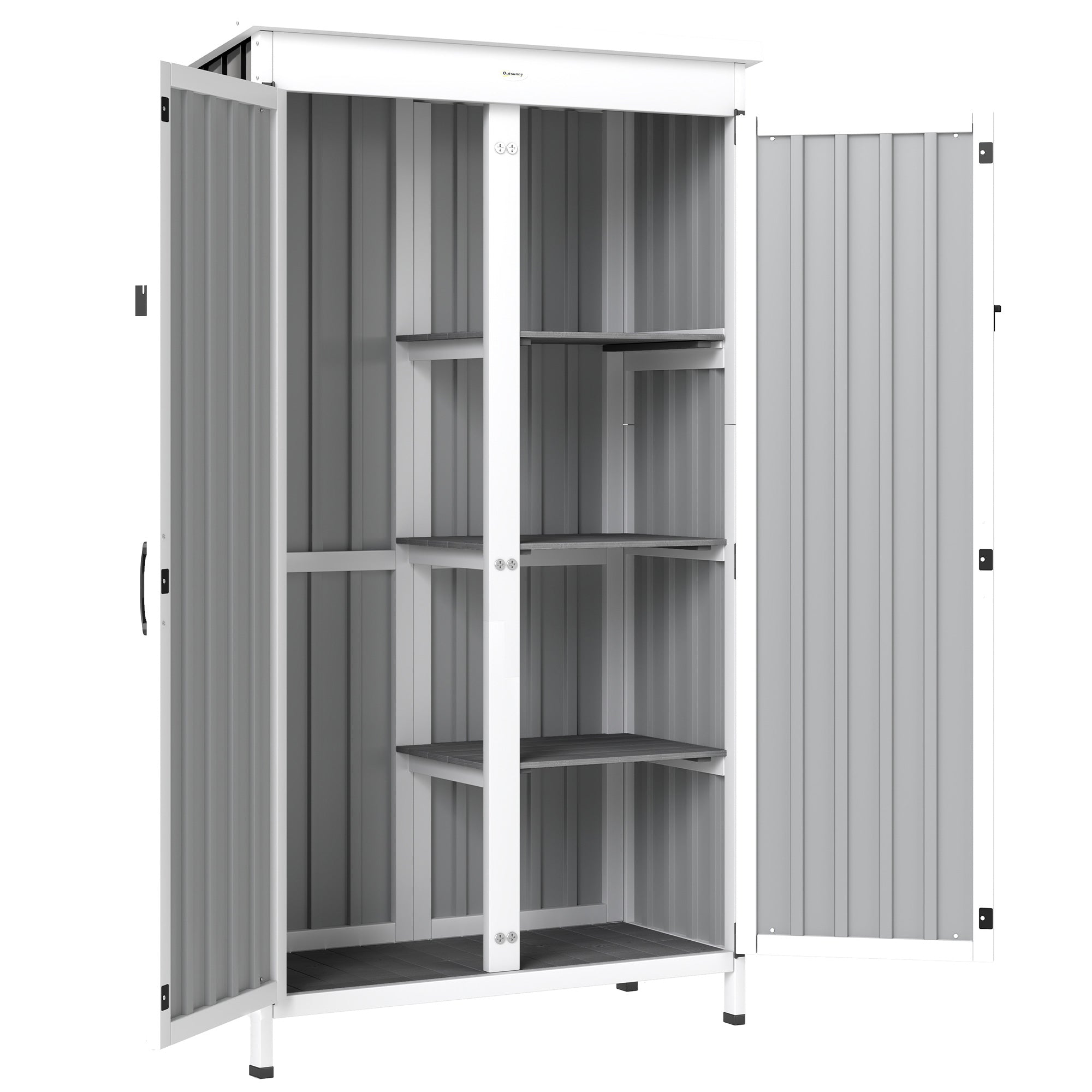 Outsunny Outdoor Storage Cabinet with Removable Shelves, Garden Tool Shed with Asphalt Roof, White and Black 
