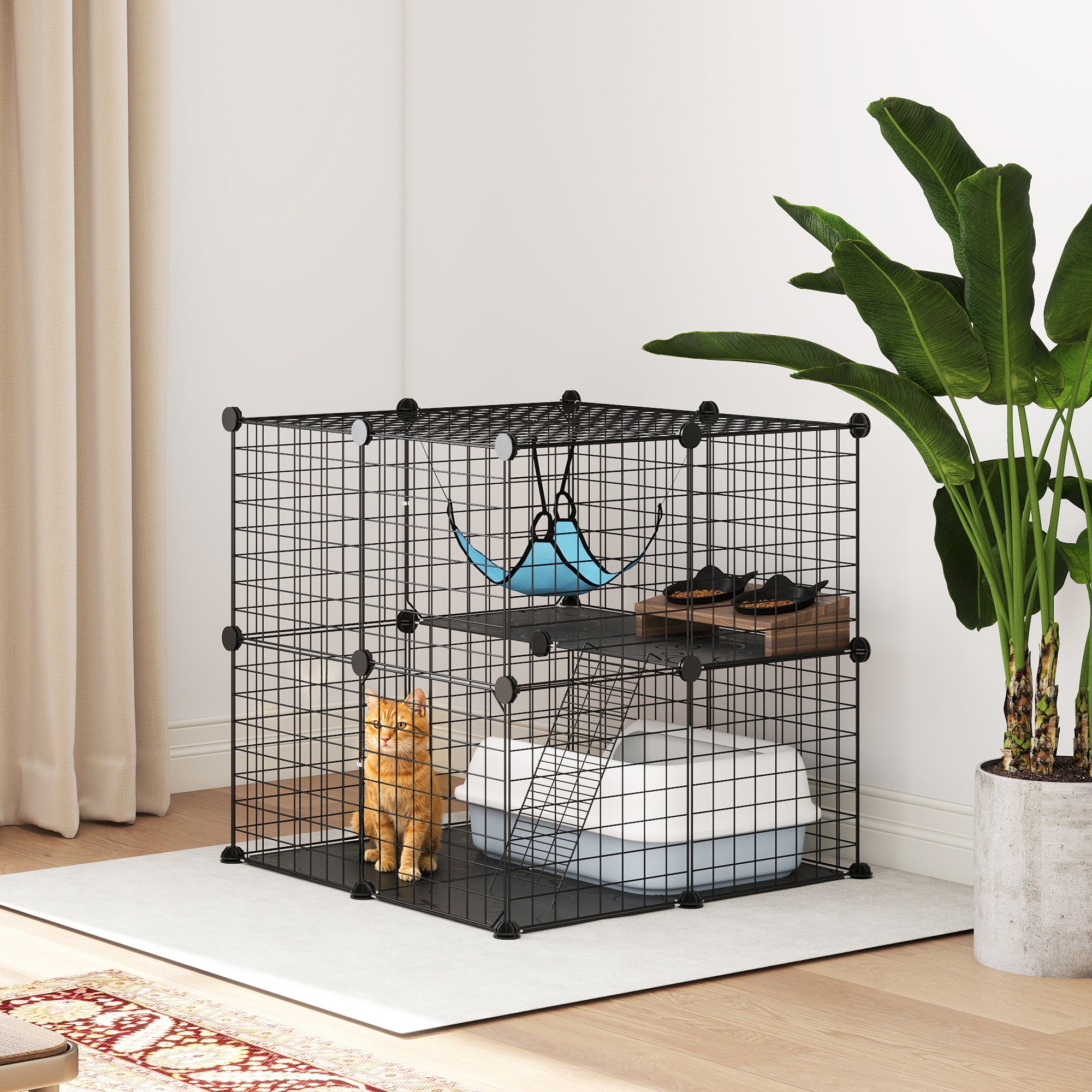 PawHut Indoor Cat Cage DIY Customizable 2-Tier Indoor Cat Enclosure with 2 Doors and Hammock 70 cm Black 