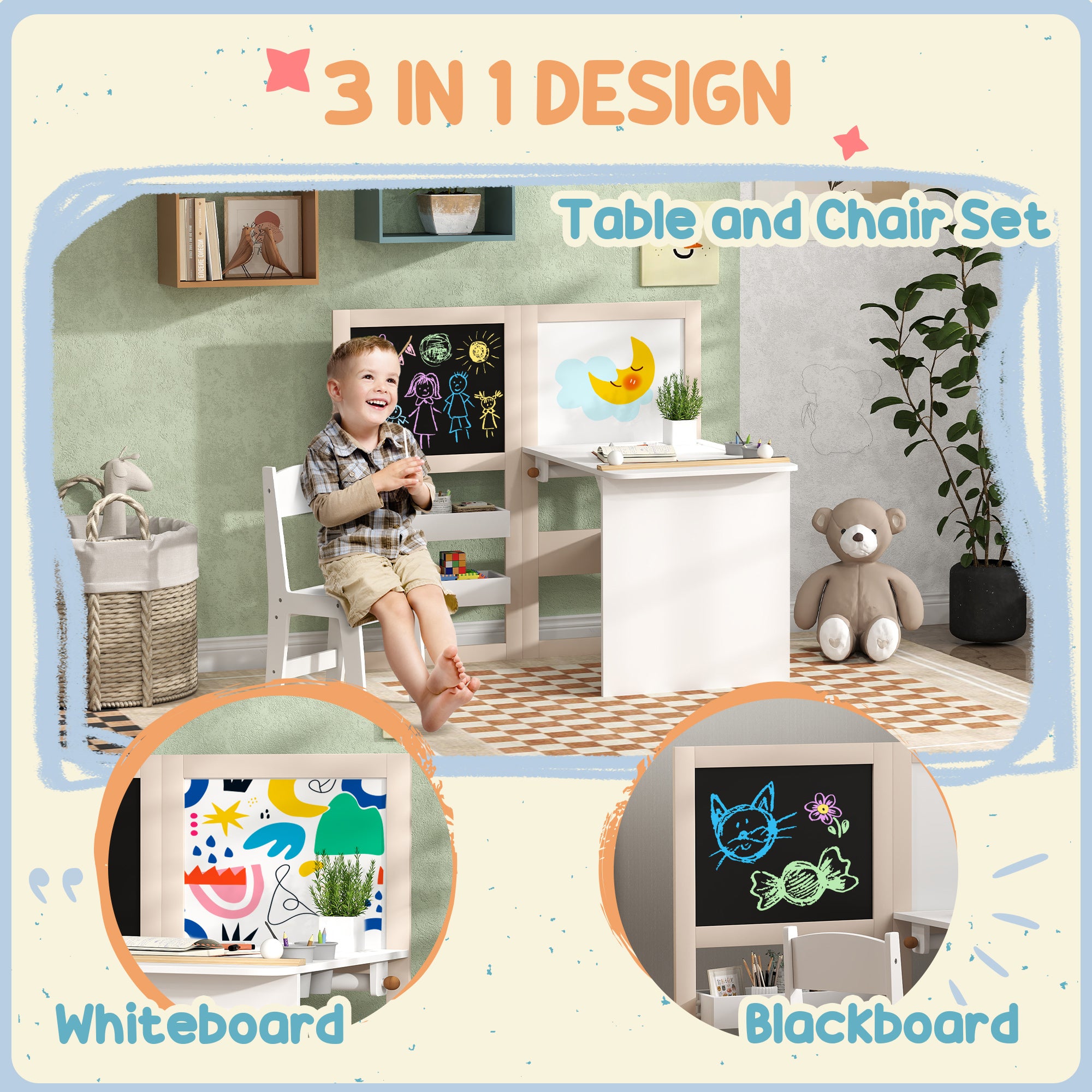 AIYAPLAY 3 in 1 Kids Table and Chair Set with Storage, Whiteboard, Blackboard & Roll Paper for 3-8 Years, White 