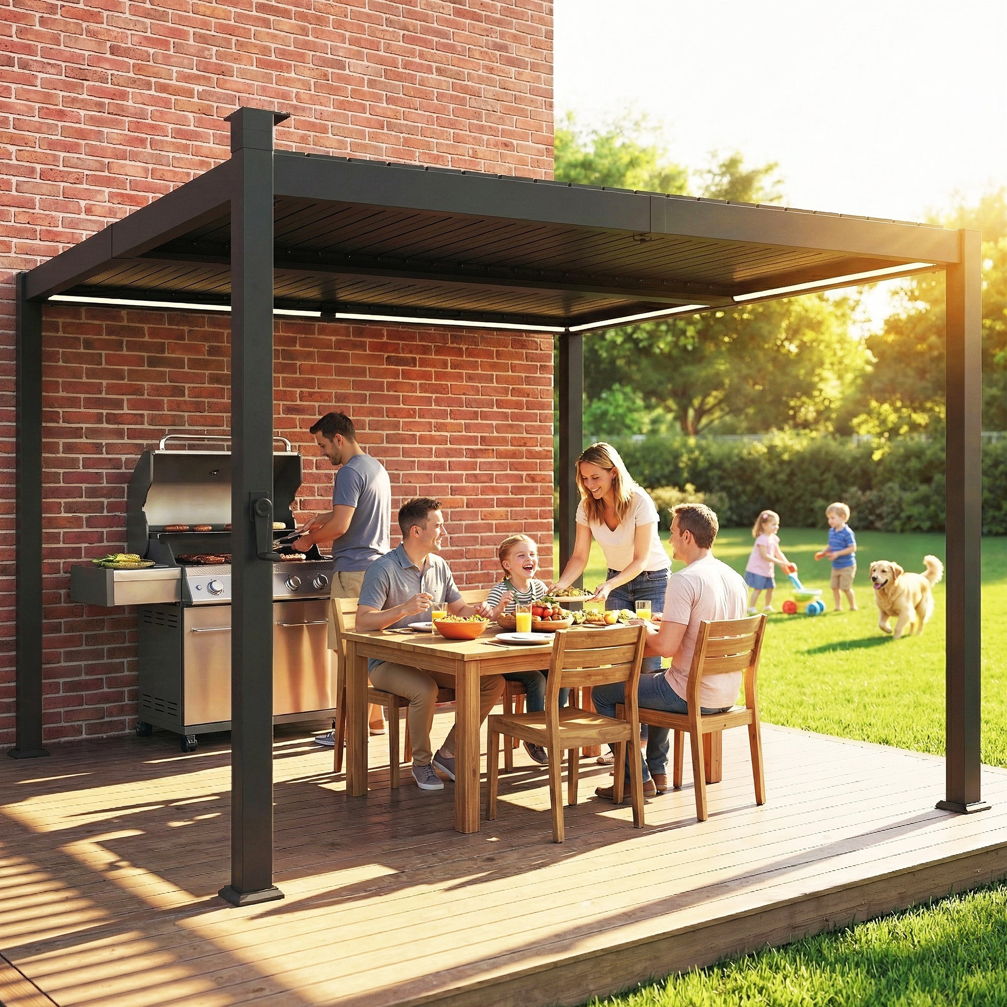 Outsunny 3 x 3 m Louvered Pergola with Solar LED lights, Metal Roof, Patio Gazebo Pergola Canopy with Drainage Gutters, Black 
