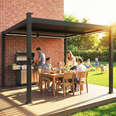 Outsunny 3 x 3 m Louvered Pergola with Solar LED lights, Metal Roof, Patio Gazebo Pergola Canopy with Drainage Gutters, Black 