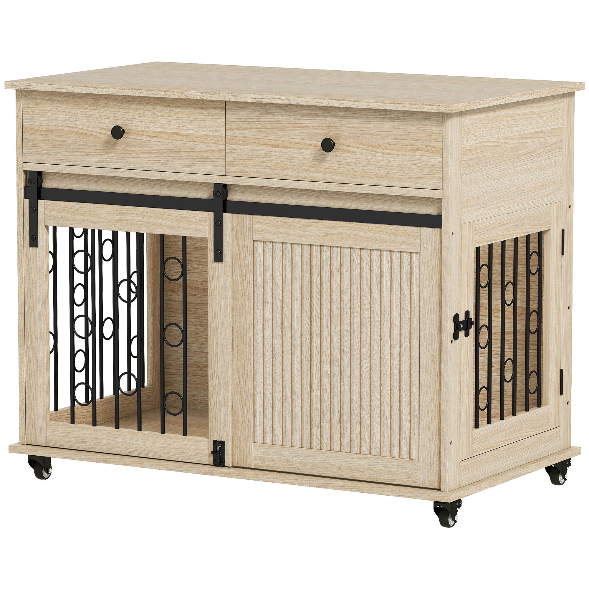 PawHut Dog Crate Furniture on Wheels, Dog Cage with 2 Drawers, Sliding Door, for Medium Large Dogs, Oak Tone 