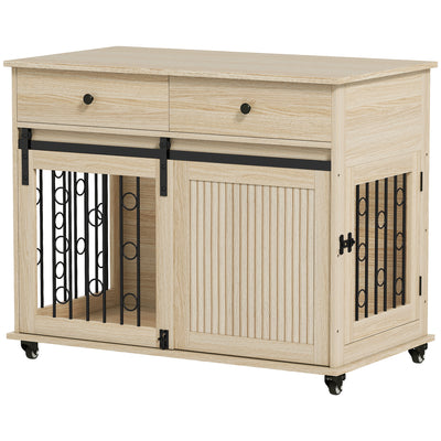PawHut Dog Crate Furniture on Wheels, Dog Cage with 2 Drawers, Sliding Door, for Medium Large Dogs, Oak Tone 