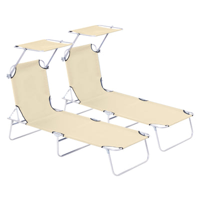 Outsunny 2 Pieces Outdoor Foldable Sun Lounger, 4 Level Adjustable Backrest Reclining Sun Lounger Chair with Angle Adjust Sun Shade Awning for Beach, Garden, Patio, Beige 