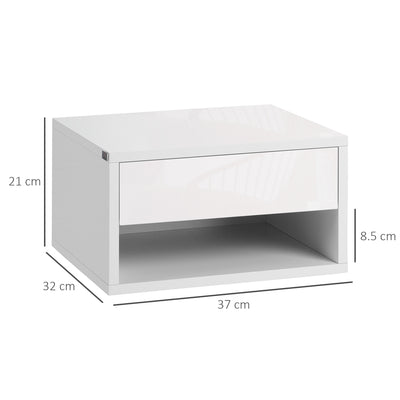 HOMCOM 2 Pieces Bedside Table Wall Mounted Nightstand with Drawer and Shelf for Bedroom, 37 x 32 x 21cm, High Gloss White 