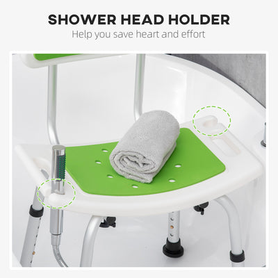 HOMCOM Shower Stool with Backrest, Height Adjustable Shower Chair with Anti-slip Foot Pads, Shower Head Holder, Green 